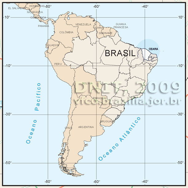 Localização do Ceará no mapa do Brasil, na América do Sul