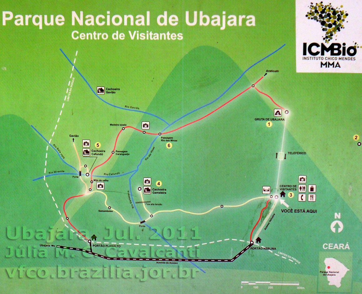 Mapa do Parque Nacional de Ubajara, com a localização das trilhas ecológicas e atrações turísticas, no Centro de Visitantes