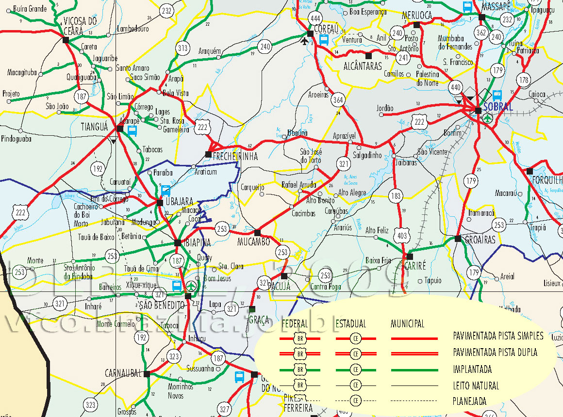 Mapa do DER-CE detalhando o acesso por rodovias desde Sobral (à direita, no alto) até Tianguá e Ubajara