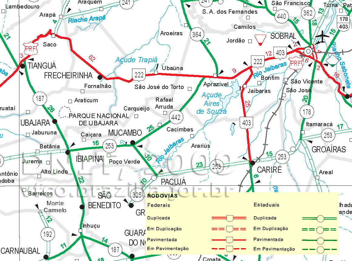 Mapa do DNIT detalhando o acesso por rodovia desde Sobral (à direita, no alto) até Tianguá e Ubajara