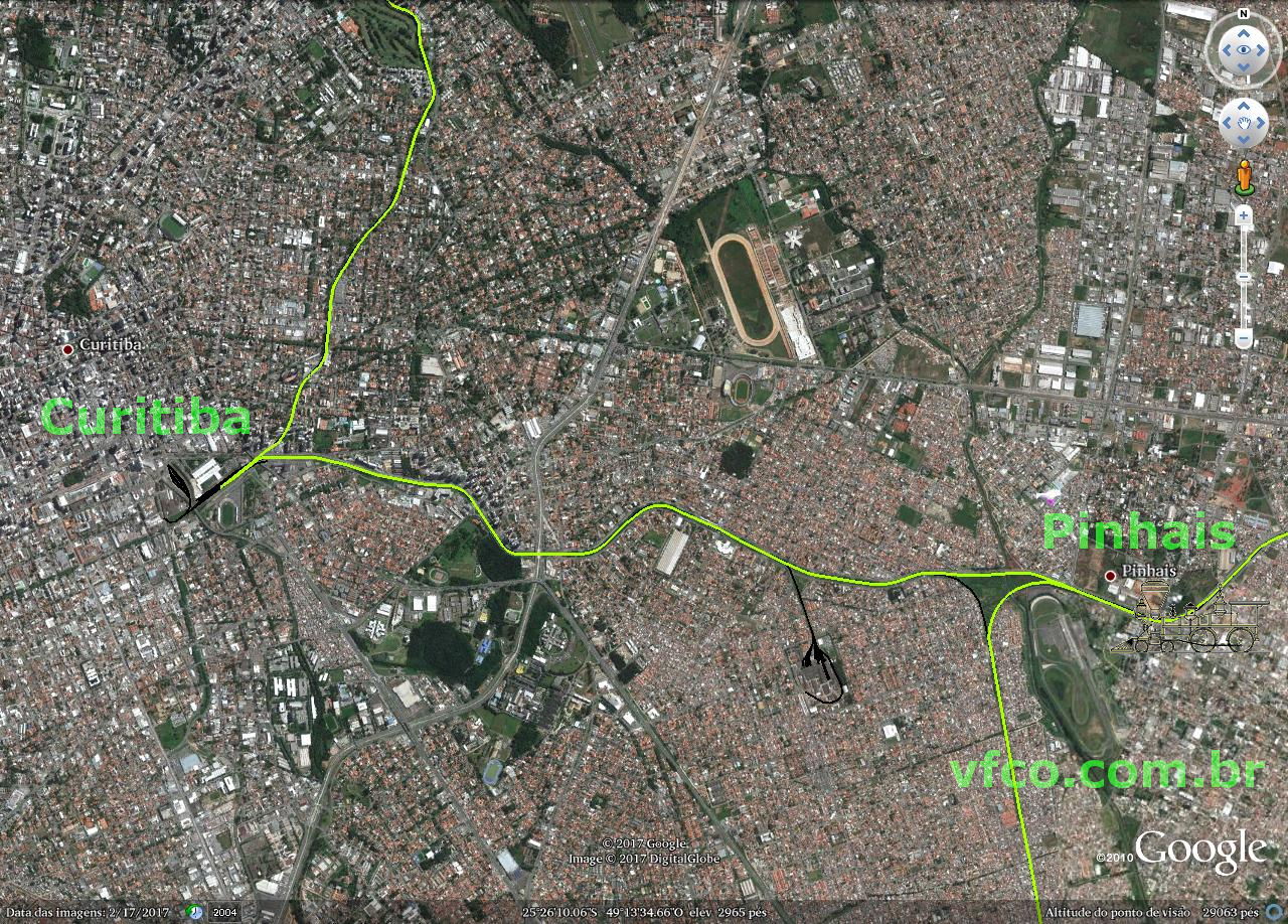 Percurso de 7,3 km entre as estações de Curitiba e Pinhais, no GoogleEarth