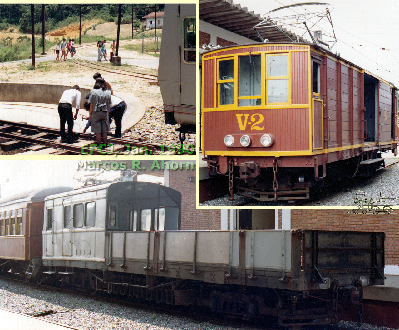 1 - Quebra do cadeado do girador em Santo Antônio do Pinhal; 2 - Vagão autopropelido V2 em Pindamonhangaba, preparando-se para levar a turma de linha ao local do descarrilamento; 3 - Gôndola G1, que tracionava o trem de subúrbio de Campos do Jordão em 1990