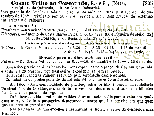 Estrada de Ferro do Cosme Velho ao Corcovado no Almanaque Laemmert de 1886