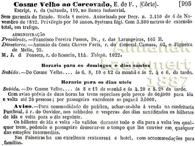 Estrada de Ferro do Cosme Velho ao Corcovado no Almanaque Laemmert de 1887