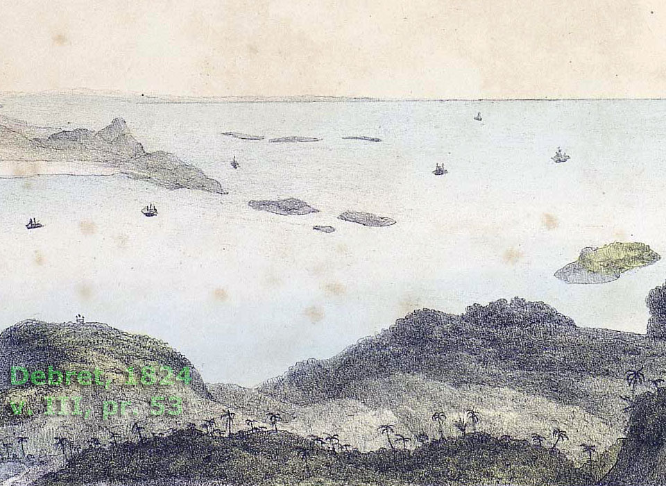 Detalhe ampliado da entrada da baía da Guanabara em 1824* vista do alto do Corcovado por Debret