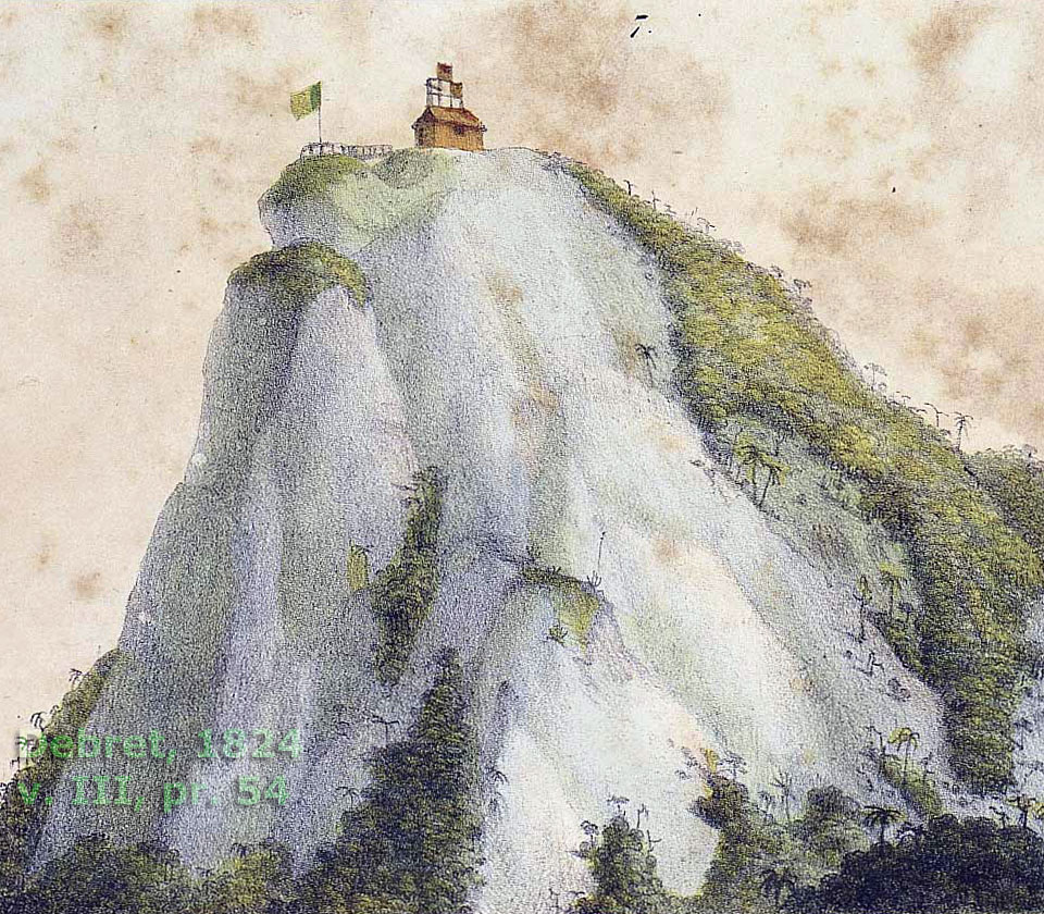 Detalhe ampliado do pico do Corcovado, com a cabana de “telegrafia” (sinalização ótica) e pontilhão de acesso ao bloco de granito cercado por um parapeito