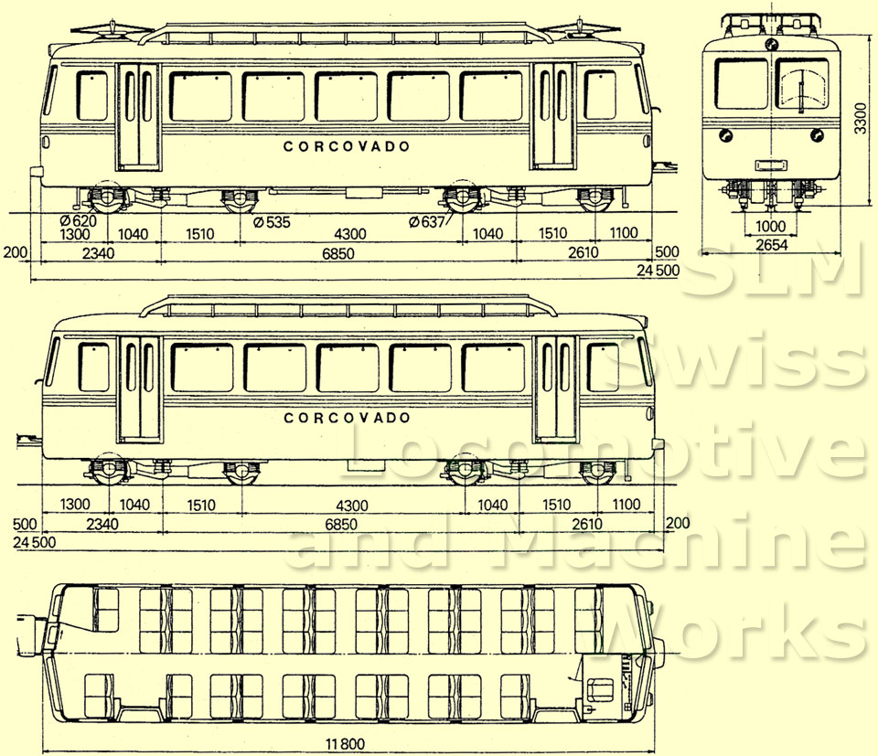 Desenho e medidas das automotrizes da ferrovia do Corcovado na folha de dados da SLM - Swiss Locomotive and Machine Works