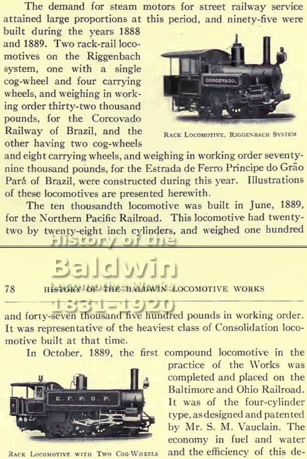 Informações e gravuras das locomotivas de cremalheira (“rack”) a vapor construídas em 1889-1889 para as estradas de ferro do Corcovado e Príncipe do Grão Pará em “History of Baldwin Locomotive Works: 1831-1920”