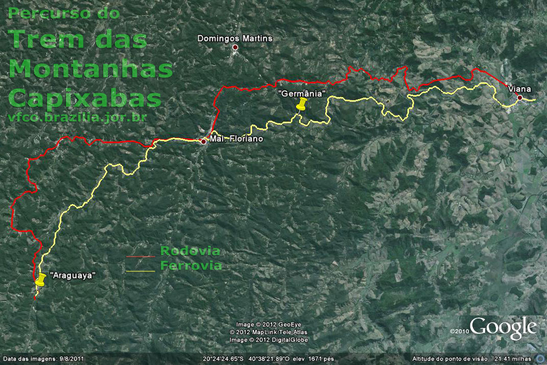 Trajeto dos trilhos do Trem turístico das Montanhas Capixabas (em amarelo) e do principal roteiro rodoviário paralelo (em vermelho)