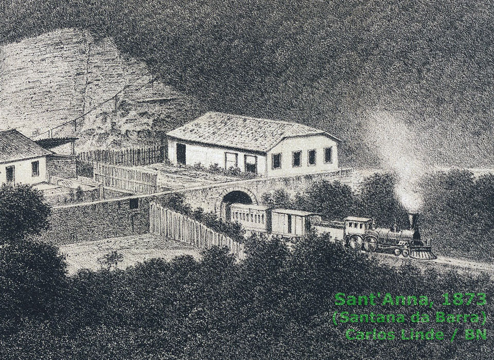 Detalhe do trem no pequeno túnel de Santana do Piraí em gravura de Carlos Linde em 1873