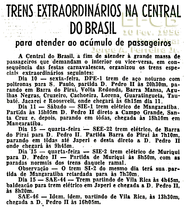 Aviso de trens extraordinários da Central do Brasil no Carnaval de 1956