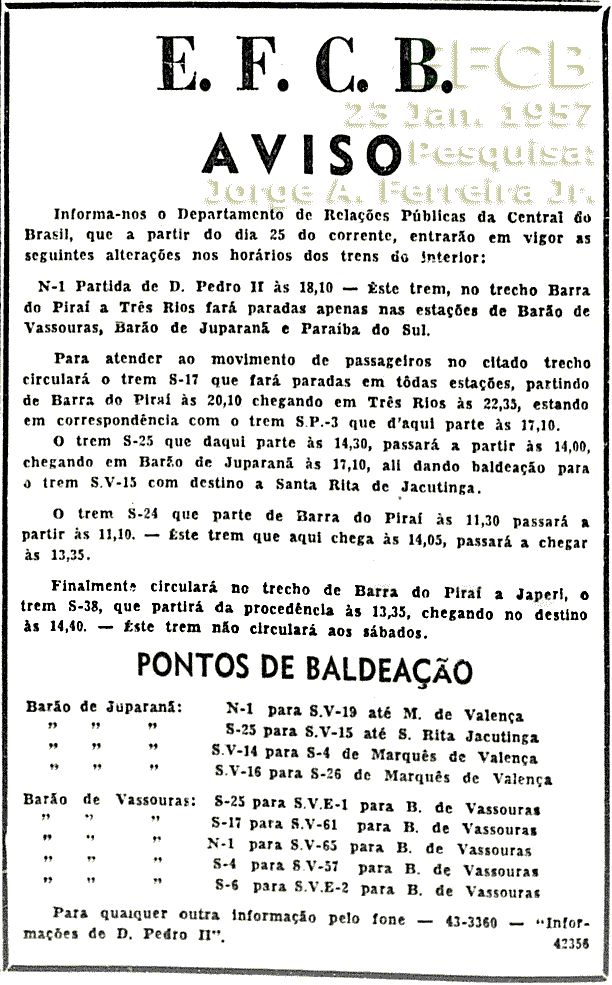 Aviso de horários dos trens da Central do Brasil em 1957