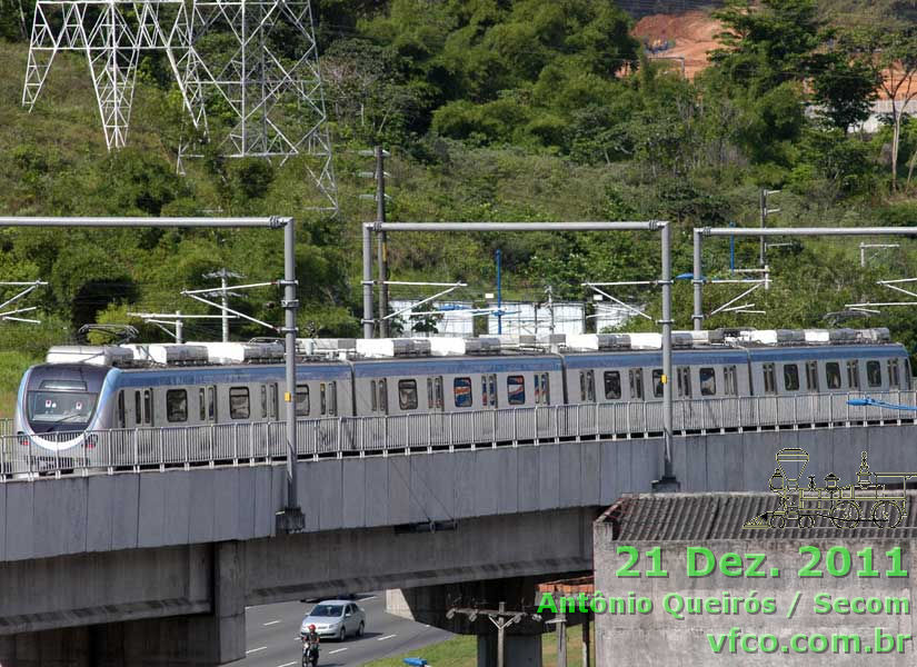 Imagem dos primeiros trestes de operação dos trens do Metrô de Salvador, divulgadas pela prefeitura em 21 Dez. 2011