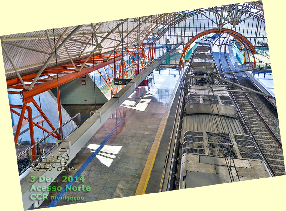 Plataformas da estação Acesso Norte, do Metrô de Salvador, com o detalhe do teto do trem-unidade elétrico