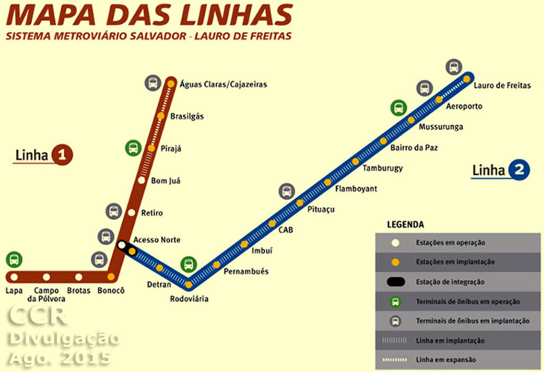 Mapa do Metrô de Salvador em Agosto de 2015: até Bom Juá