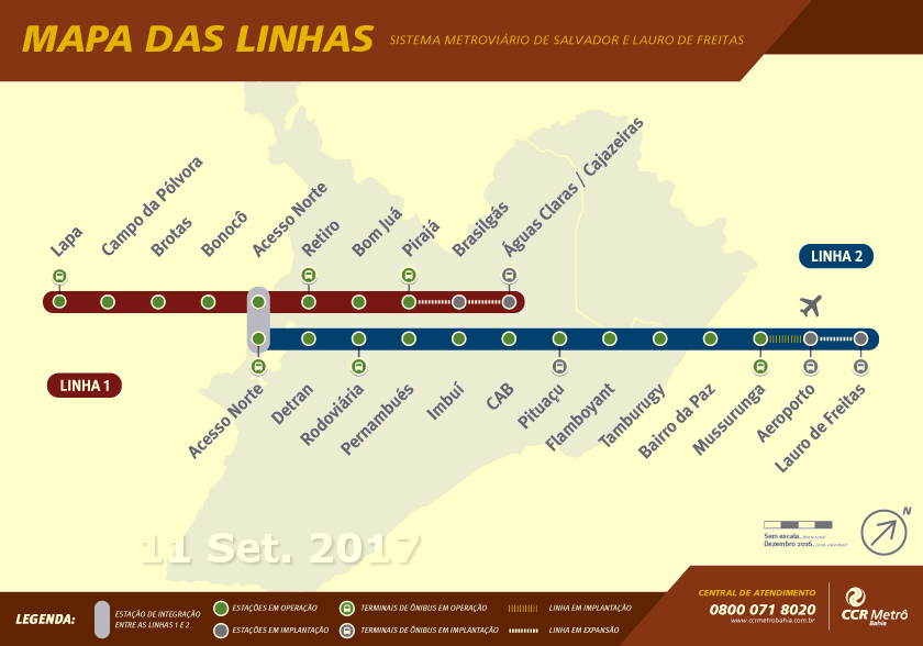 Trechos e estações do Metrô de Salvador em Setembro de 2017