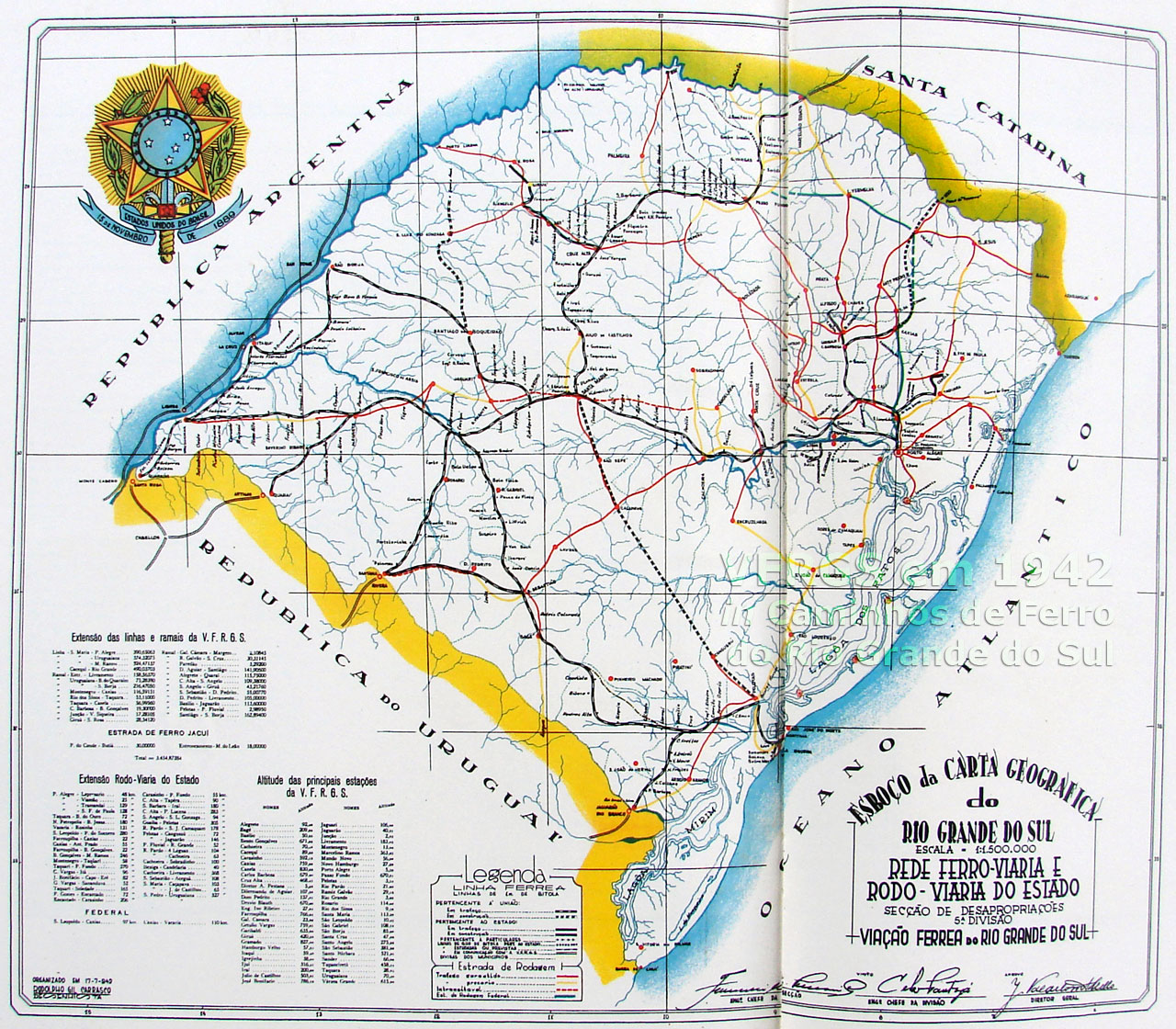 Mapa ferroviário com a situação dos trilhos da VFRGS em 1942