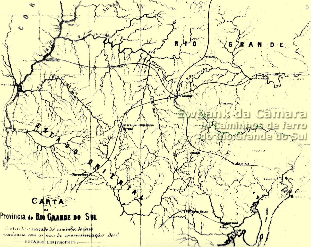 Mapa traçado por Ewbank da Câmara com as ferrovias brasileiras que deveriam corresponder às ferrovias uruguaias e argentinas