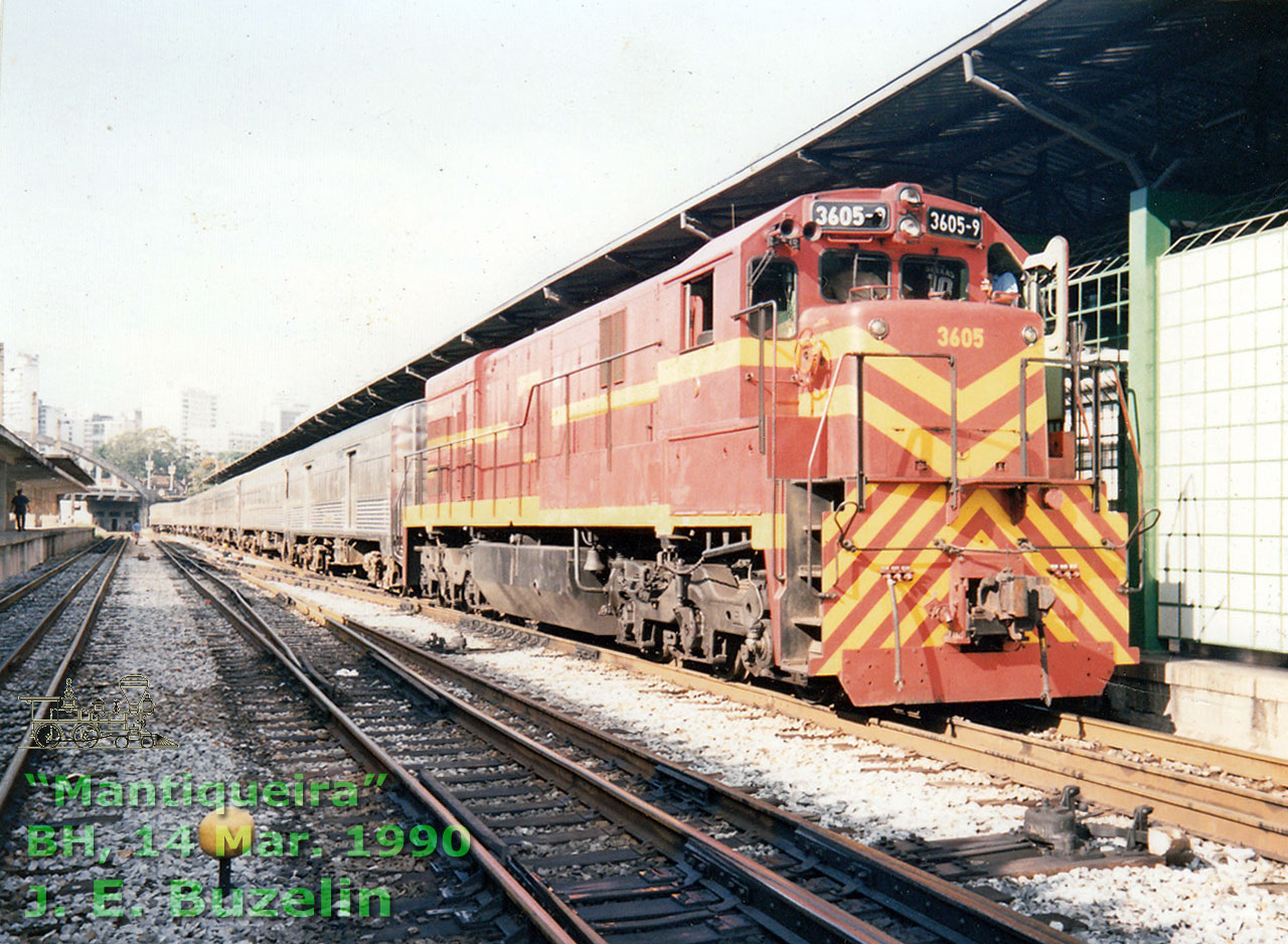 Locomotiva U23CA nº 3605 à frente da 8 carros Budd para a primeira e única viagem do “Mantiqueira”, 14 Mar. 1990, ligando Belo Horizonte a São Paulo pela Ferrovia do Aço