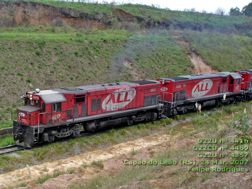 Locomotivas G22U nº 4416, G22CU nº 4469 e G22U nº 4357 da ferrovia ALL em Capão do Leão (RS), 2007, por Felipe Rodrigues