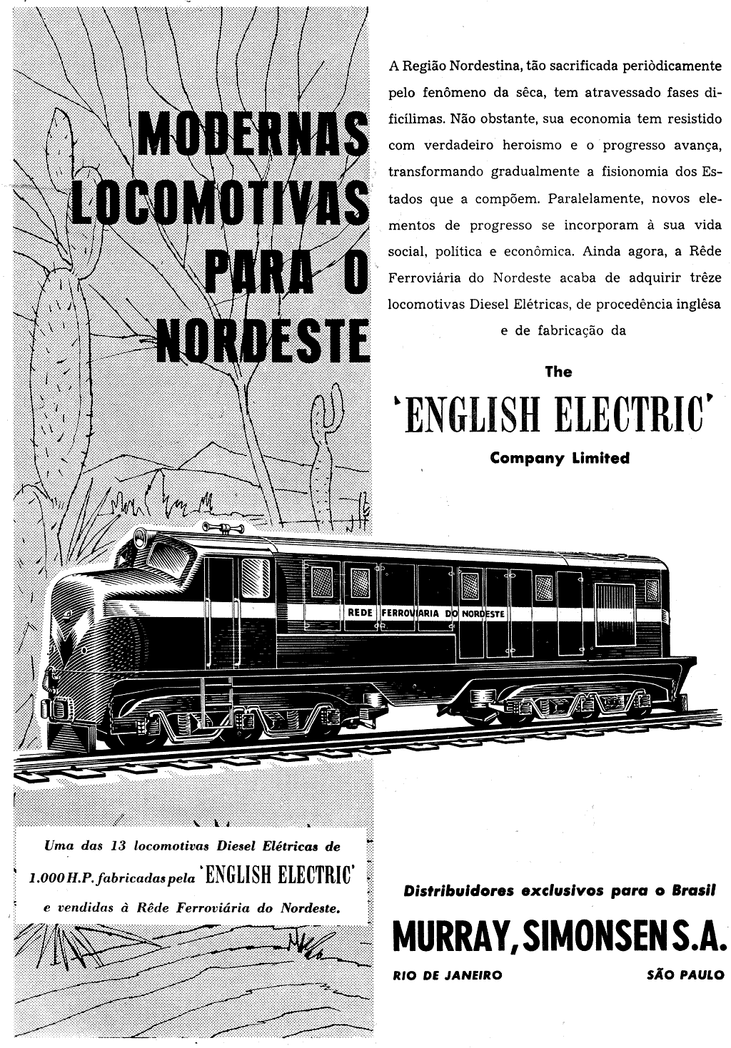 Locomotivas English Electric em anúncio de Murray, Simonsen S/A, representantes exclusivos no Brasil em 1954