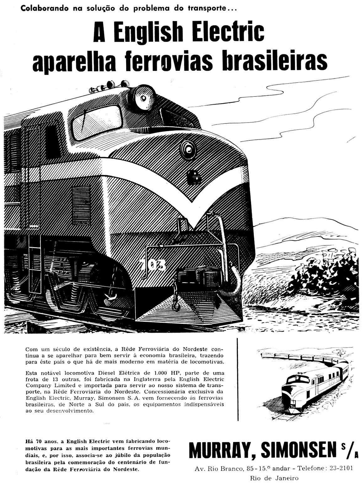 Locomotivas English Electric em anúncio de Murray, Simonsen S/A, representantes exclusivos no Brasil em 1958, "centenário da fundação da Rede Ferroviária do Nordeste"