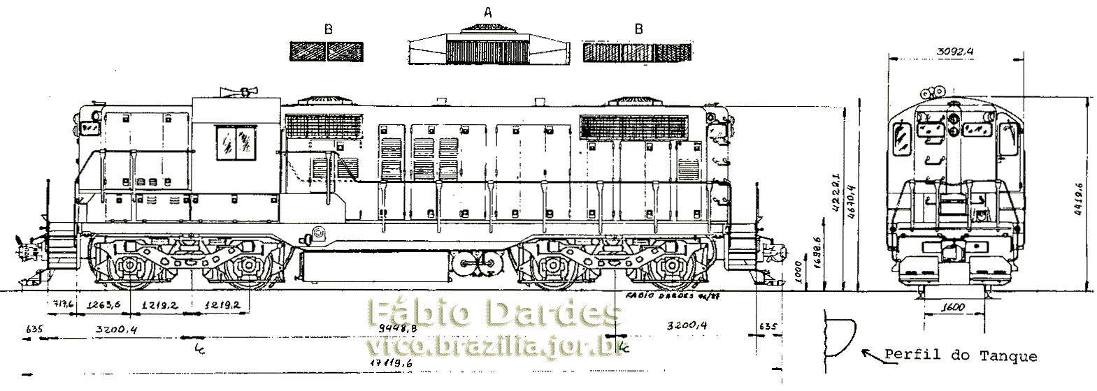 Desenho das locomotivas GP9L e GP18 com as medidas e modificações a serem feitas no ferreomodelo