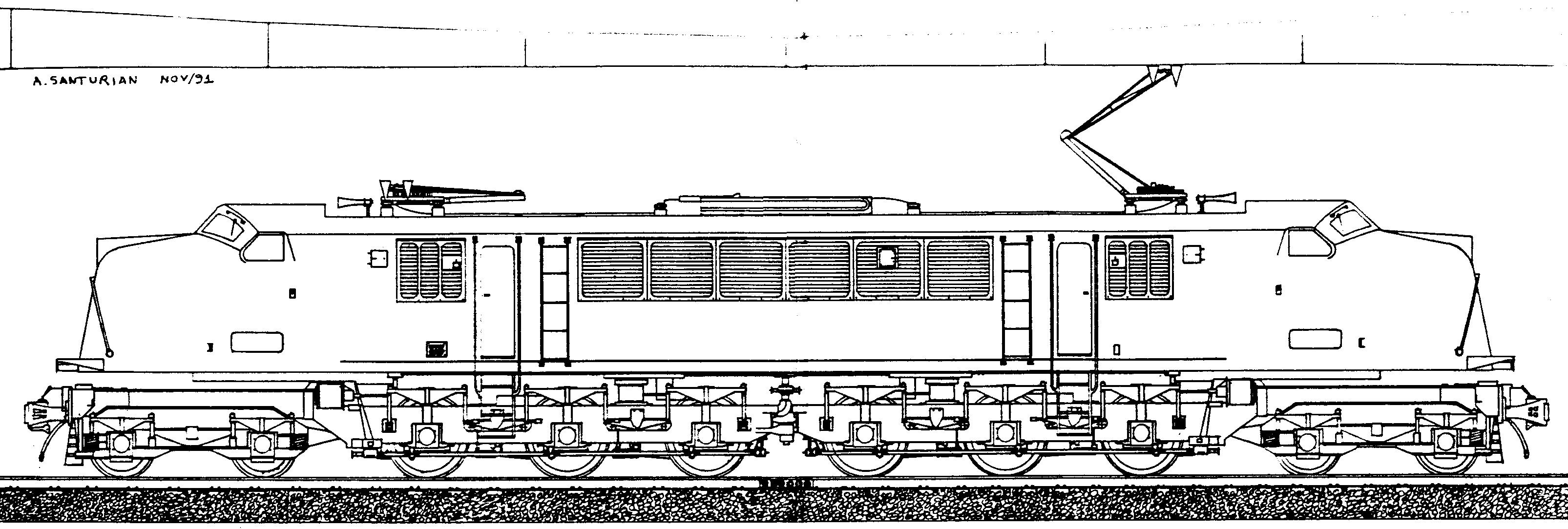 Desenho da locomotiva V-8 em vista lateral