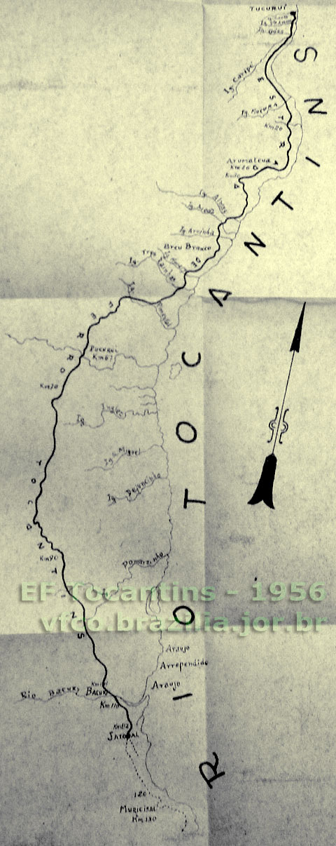 Mapa dos trilhos da Estrada de Ferro Tocantins em 1956