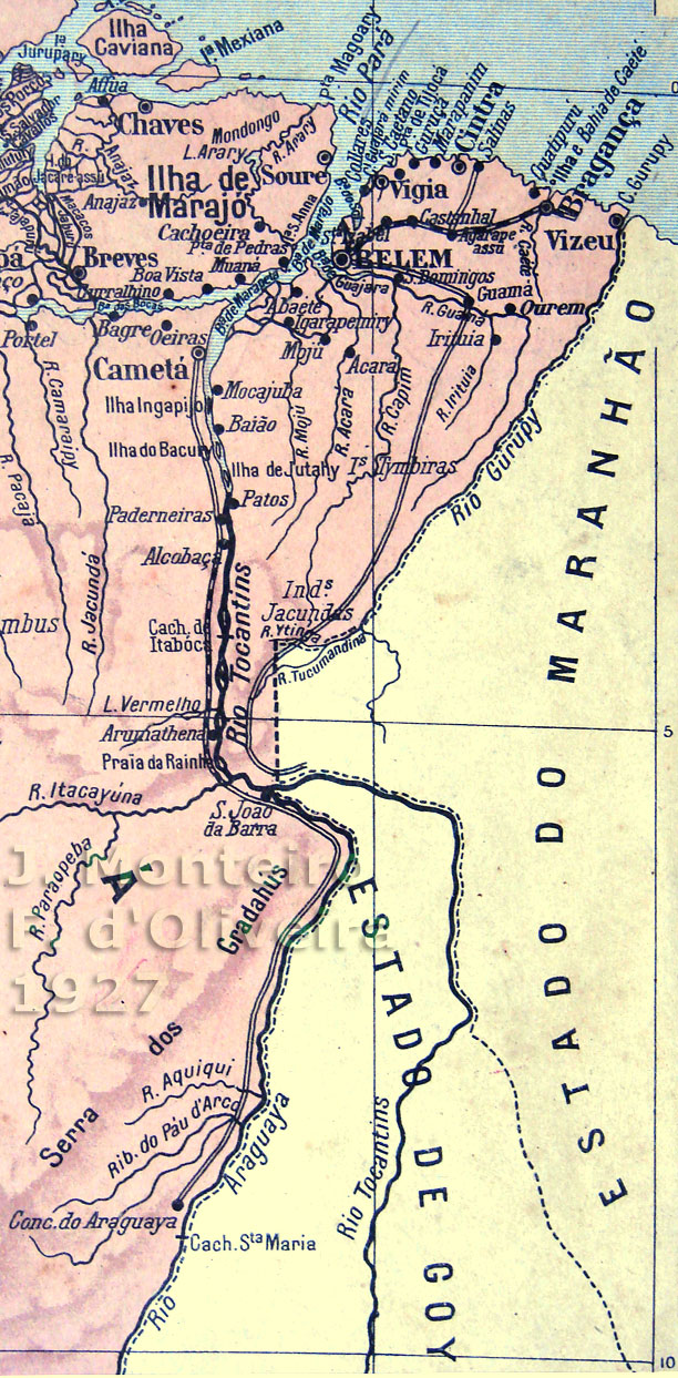 Mapa de 1927 com os prolongamentos previstos para a Estrada de Ferro Tocantins