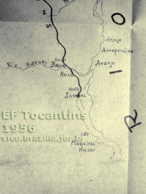 Mapa da Estrada de Ferro Tocantins - trilhas ou estudos após Jatobal