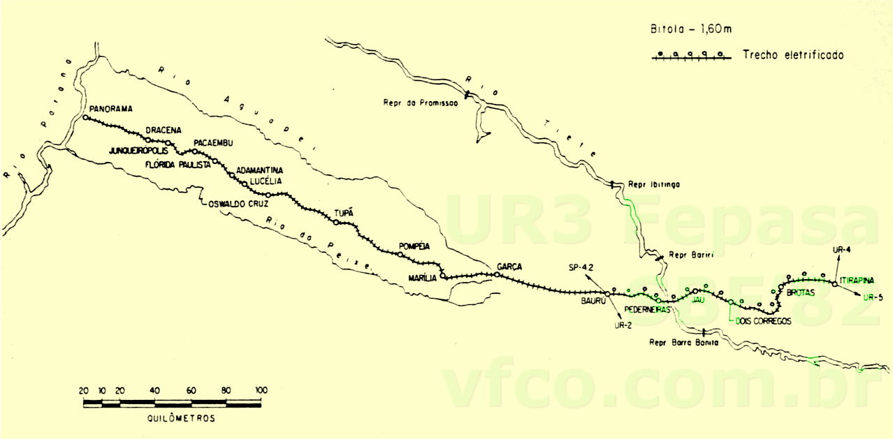 Mapa da Fepasa - UR3 Bauru - de Itirapina a Panorama, em 1982
