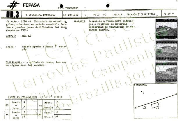 Fotos e informações da estação ferroviária Tabuleiro no relatório de 1986 da Fepasa - Ferrovias Paulistas