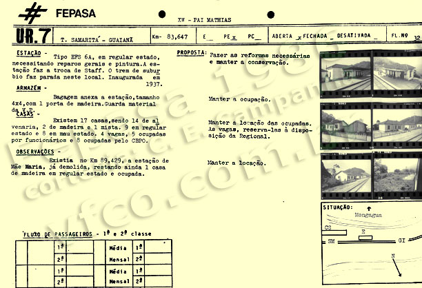 Folha de dados sobre a estação ferroviária Pai Matias, da UR7 Fepasa, no relatório de 1986
