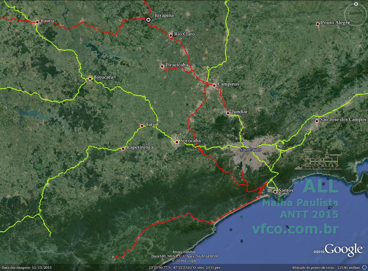 Mapa ferroviário da Malha Paulista da ALL (2015), da baixada santista a Itirapina