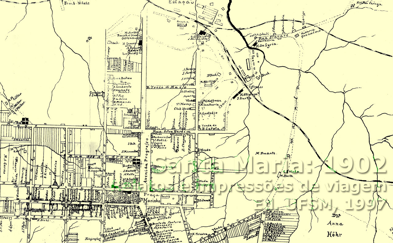 Traçados da ferrovia no quadrante NE da planta detalhada (mapa) de Santa Maria (RS) em 1902