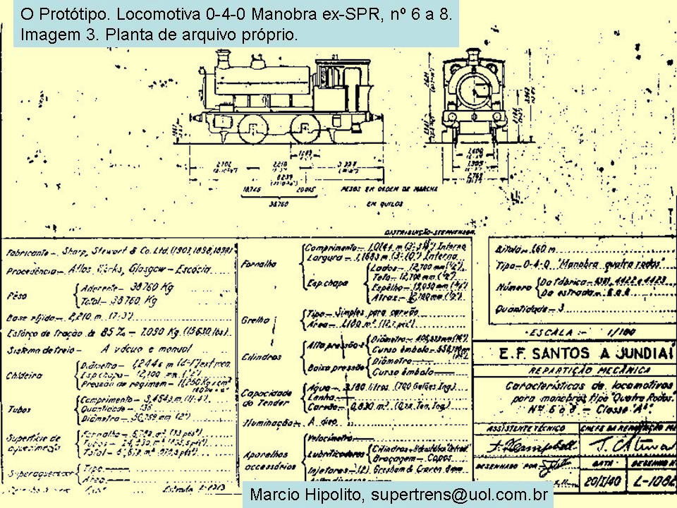 Desenho e características da locomotiva a vapor