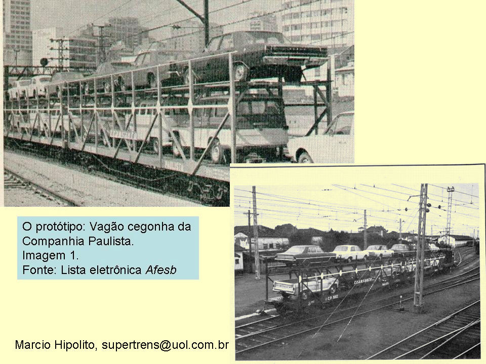 Fotos do vagão cegonha nos trilhos da Cia. Paulista de Estradas de Ferro - CPEF
