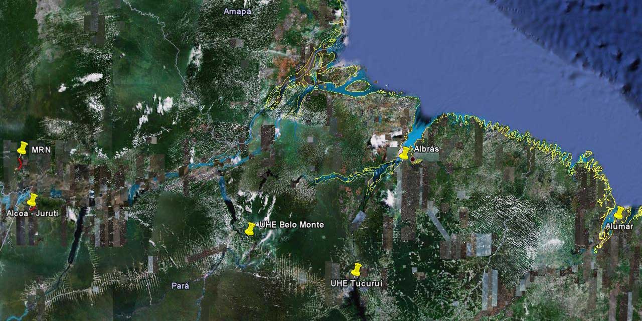 Localização das principais minerações, ferrovias e usinas hidrelétricas relacionadas à cadeia produtiva do alumínio, da Amazônia ao Maranhão