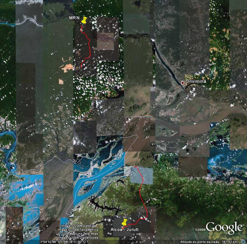 Localização das minerações de bauxita no médio Amazonas -- Mineração Rio do Norte, Estrada de Ferro Trombetas, e Estrada de Ferro Juruti