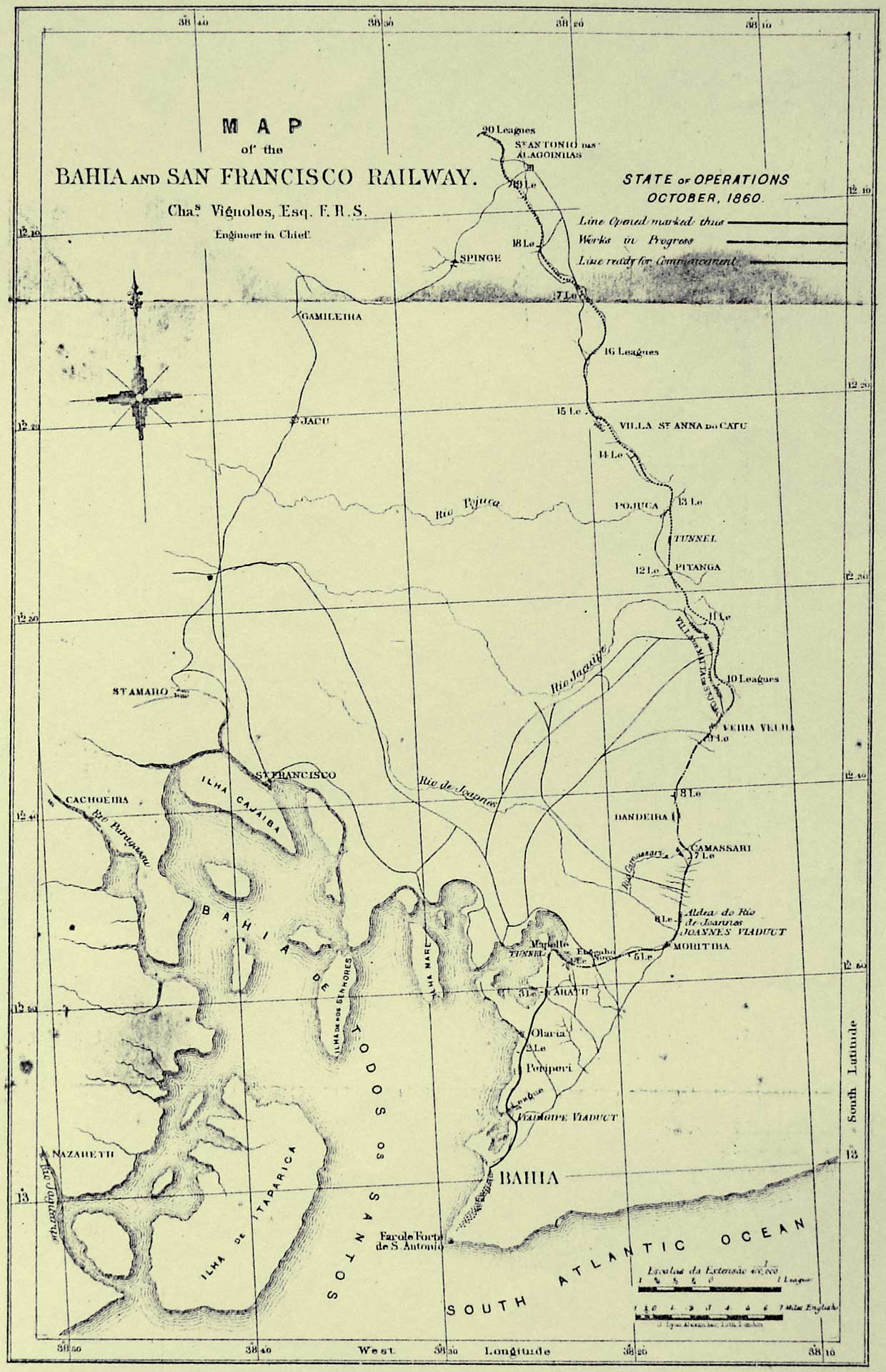 Mapa da ferrovia Bahia and San Francisco Railway em 1860