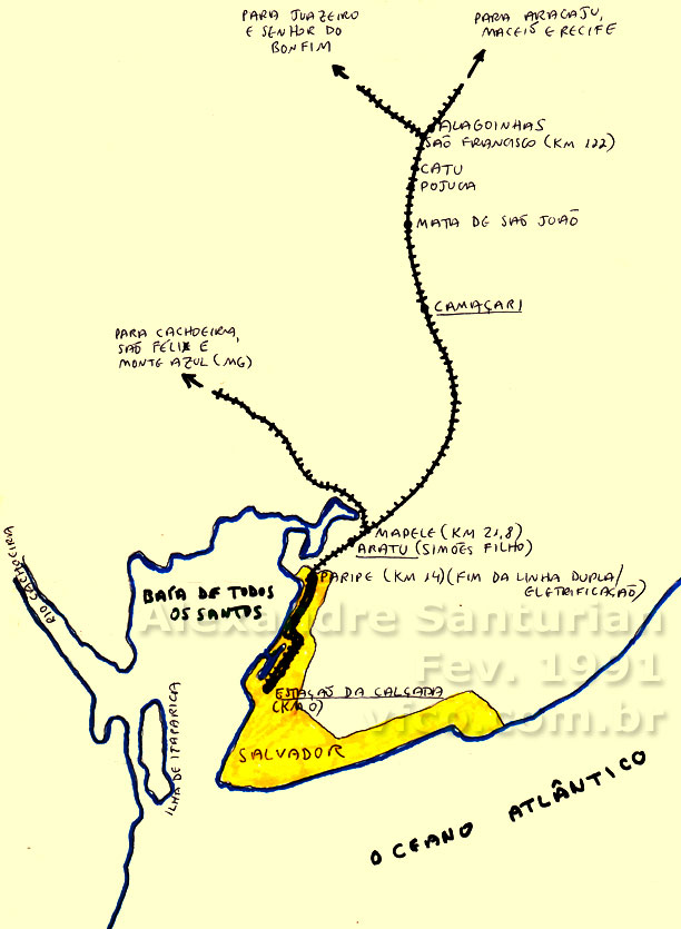 Mapa de localização do trem suburbano de Salvador em relação ao Recôncavo Baiano