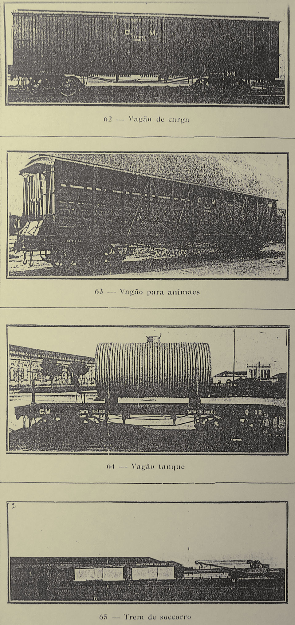 Vagões de carga (fechado), de animais, vagão tanque e trem de socorro