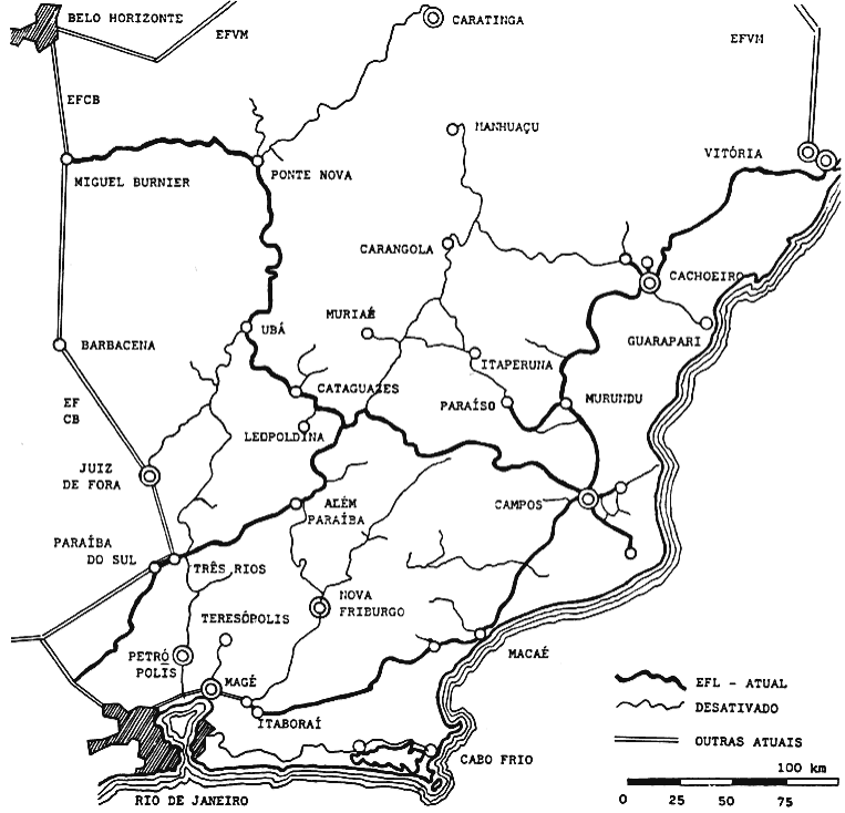 Mapa dos trilhos da Estrada de Ferro Leopoldina por volta de 1960, com indicação das linhas erradicadas e das linhas sobreviventes na década de 1980