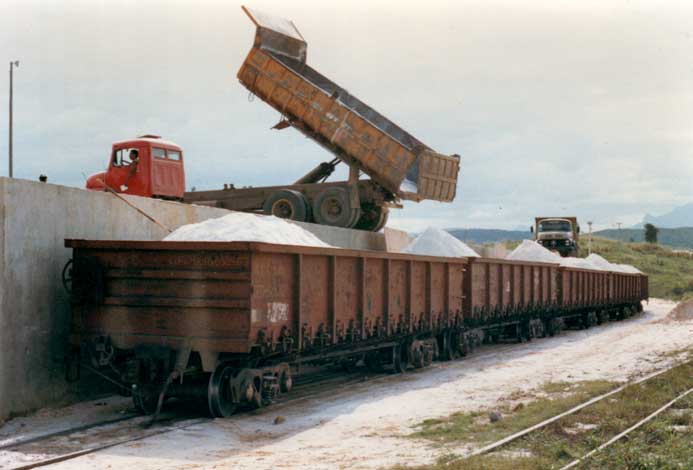 Caminh&atilde;o despejando o p&oacute; de m&aacute;rmore diretamente nos vag&otilde;es da RFFSA - Rede Ferrovi&aacute;ria Federal