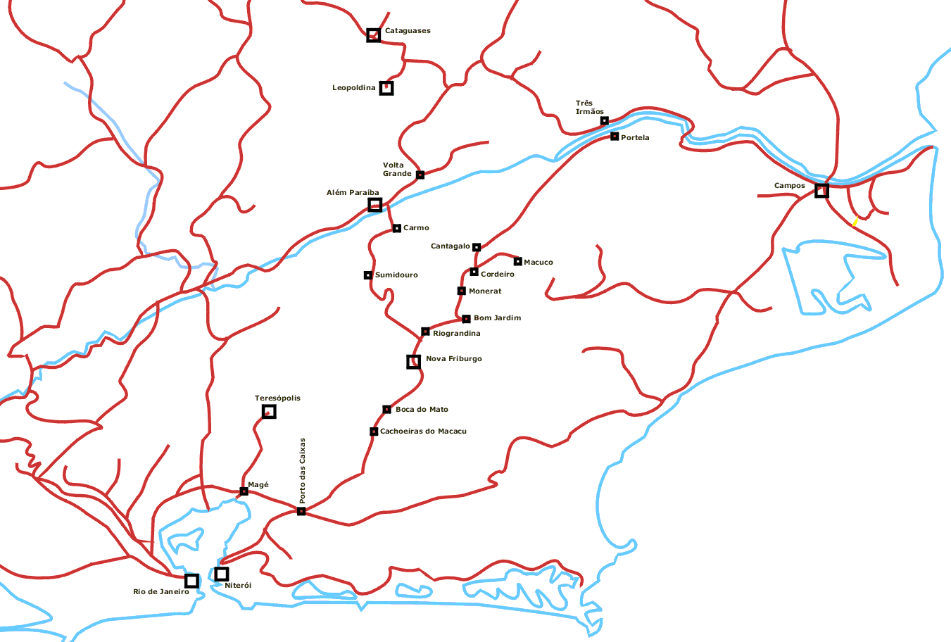 Mapa dos trilhos da Estrada de Ferro Leopoldina na região próxima a Nova Friburgo em 1960 