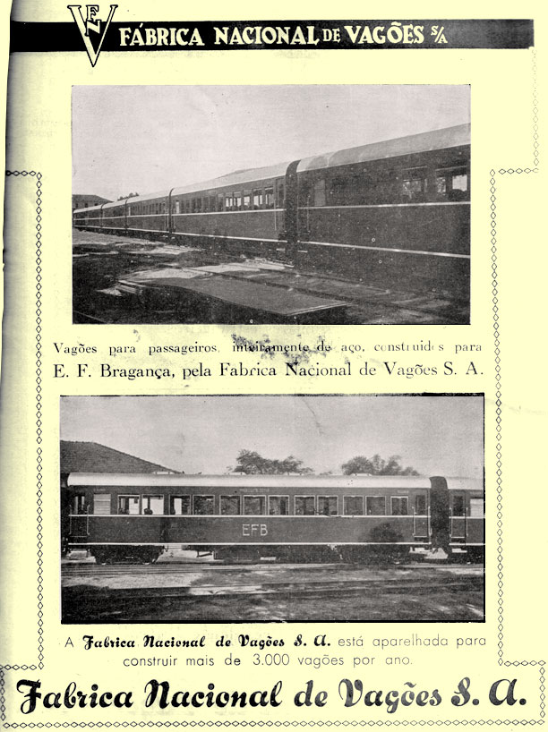 Anúncio da FNV - Fábrica Nacional de Vagões, com imagens dos vagões de aço da Estrada de Ferro de Bragança