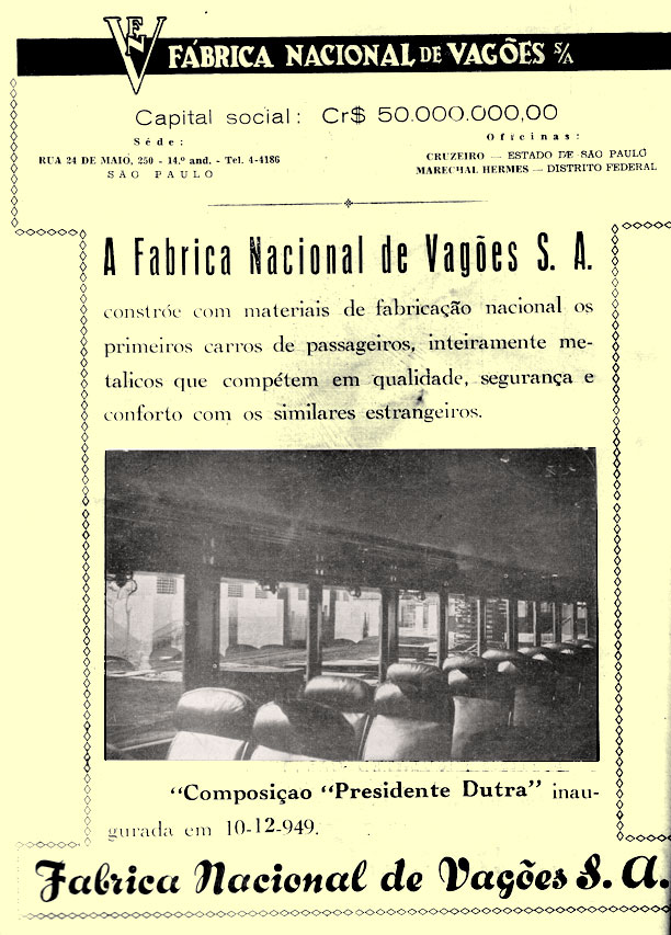 Anúncio da FNV - Fábrica Nacional de Vagões, registrando a entrada em serviço do primeiro trem de passageiros com os novos vagões metálicos na Estrada de Ferro de Bragança