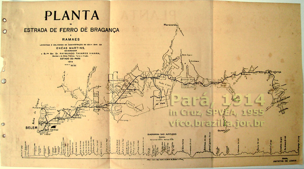 Mapa da Estrada de Ferro de Bragança, com links para mapas ampliados dos trechos da ferrovia