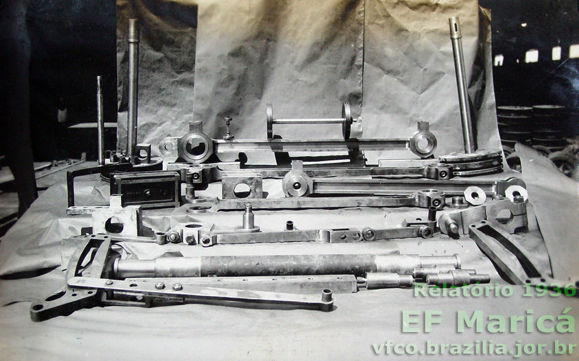 Peças e braçagens para a locomotiva 101, produzidas nas oficinas da ferrovia em Sete Pontes